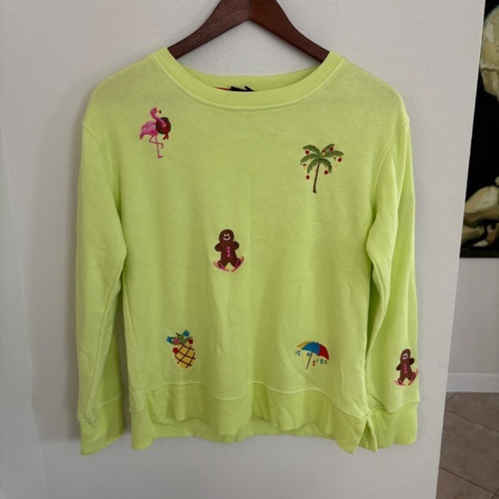 Jane + Delancey Neon Lime Embroidered Graphic Christmas Sweatshirt Women's XS